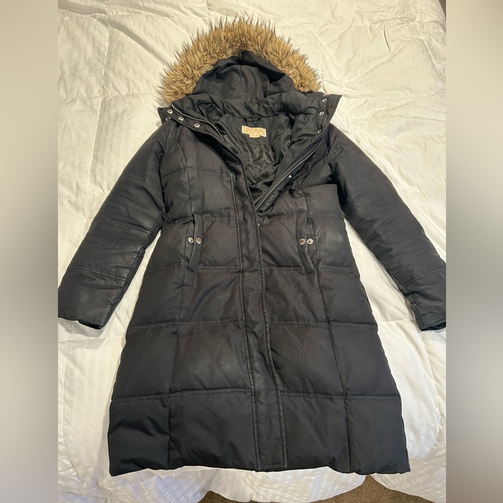 Michael Kors Down Black Puffer Coat with Faux Fur Hood